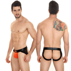 Black and orange metroMalewear super jock strap thong with black elastic waistband and brand logo visible