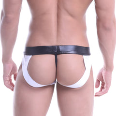 MetroMalewear super jock strap white 2001-03 sleek black and white leather-like briefs with shiny finish front view