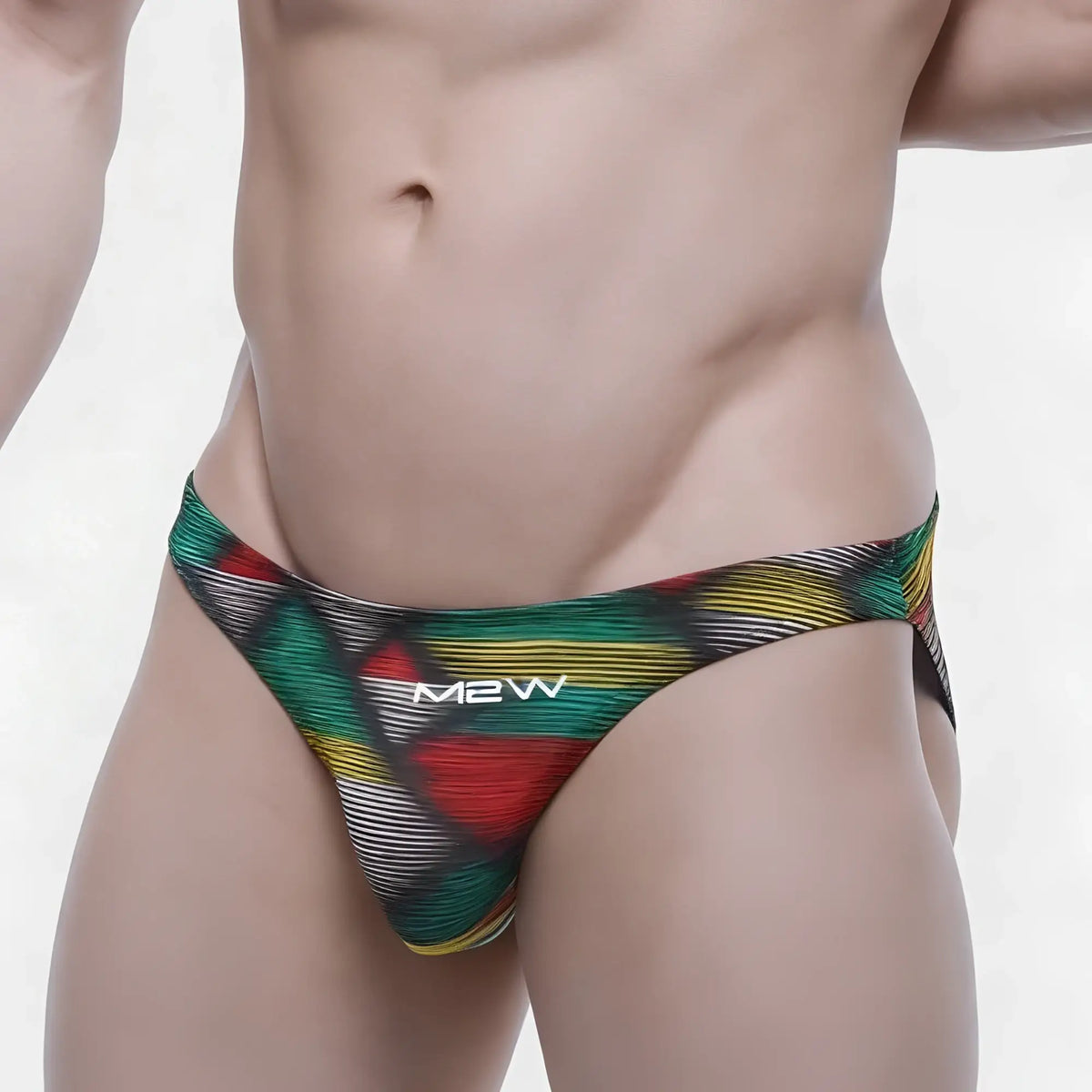 M2w mens briefs with vibrant red green yellow and black geometric pattern and thin white lines super lowrise bikini style