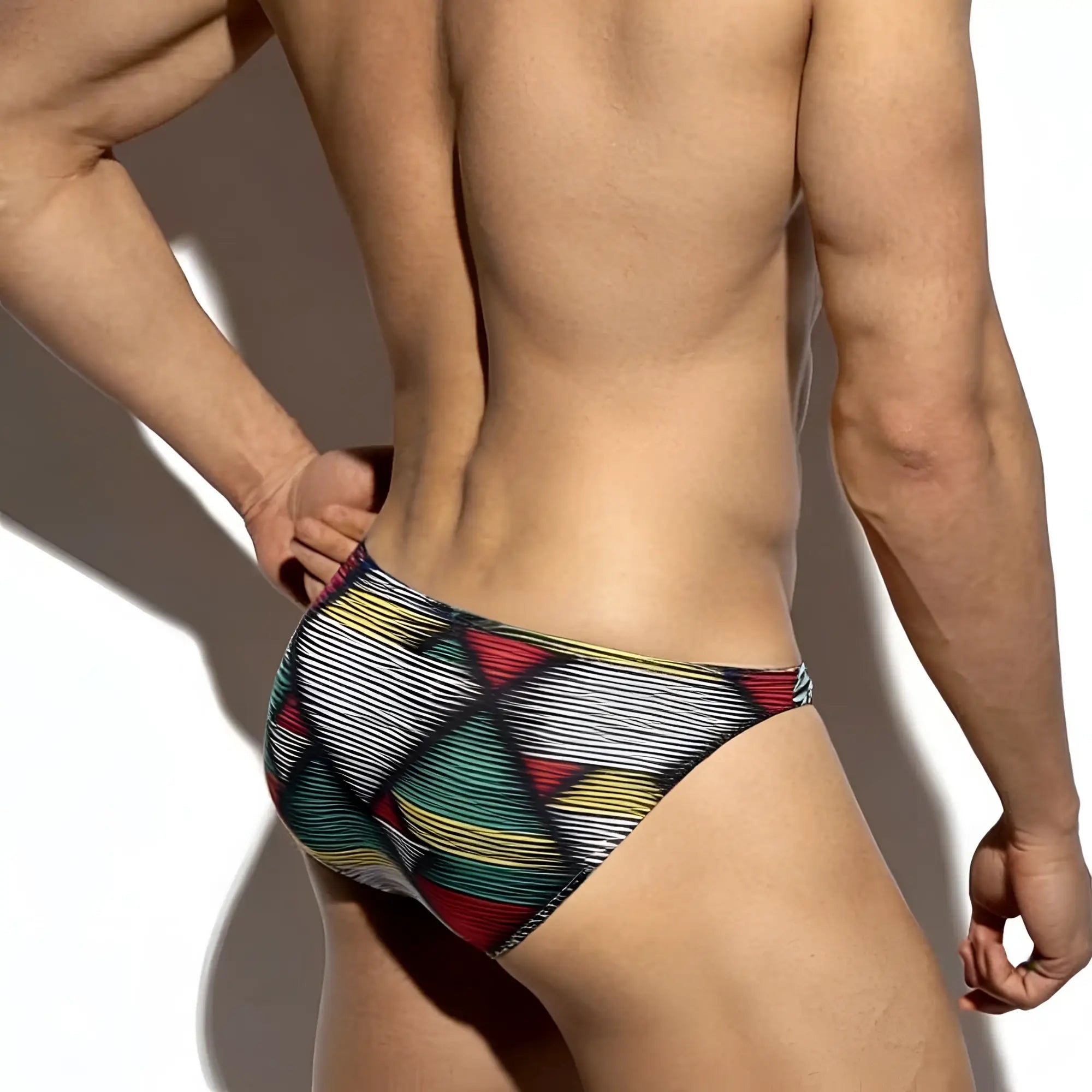 MetroMaleWear super lowrise bikini cebada 6115-80 vibrant geometric swim trunks with red green yellow and black stripes