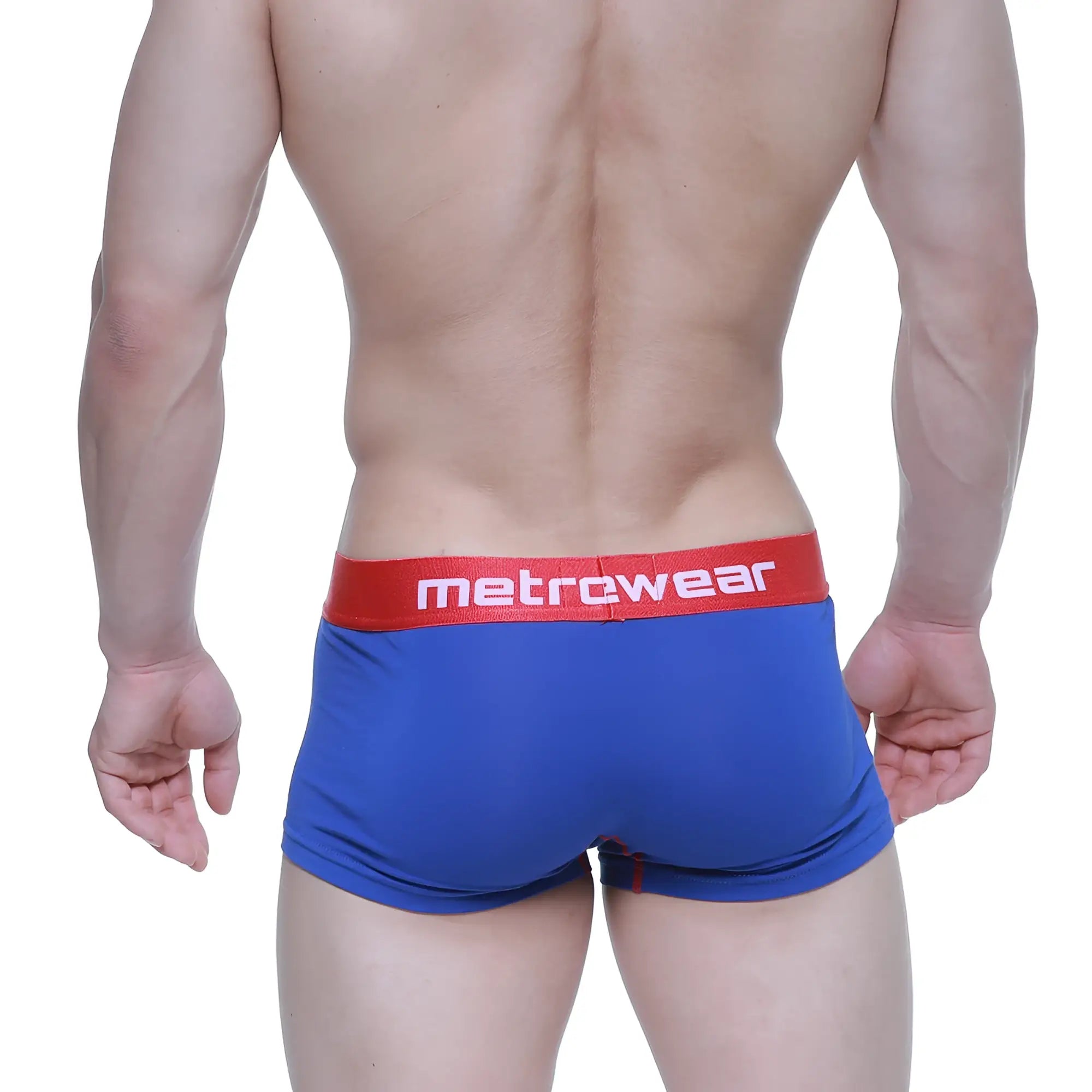 Blue metrowear boxer briefs with a red waistband featuring white lettering from the MetroMaleWear Superman Trunk 6123-18 collection