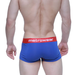 Blue metrowear boxer briefs with a red waistband featuring white lettering from the MetroMaleWear Superman Trunk 6123-18 collection