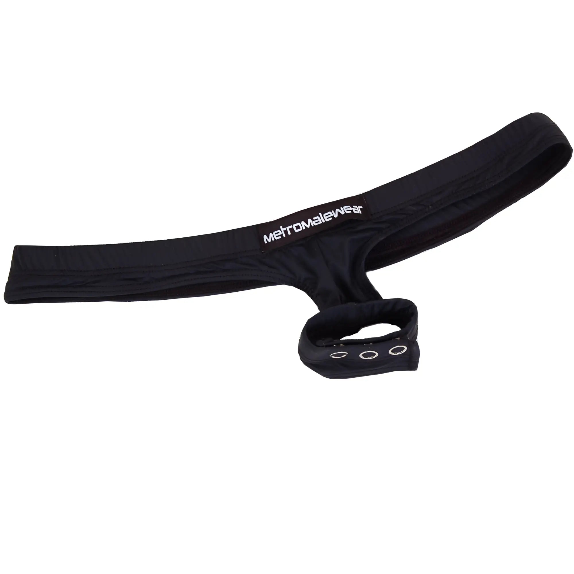 Metro male wear suspensory black mens underwear with branded label and three circular eyelets on the loop