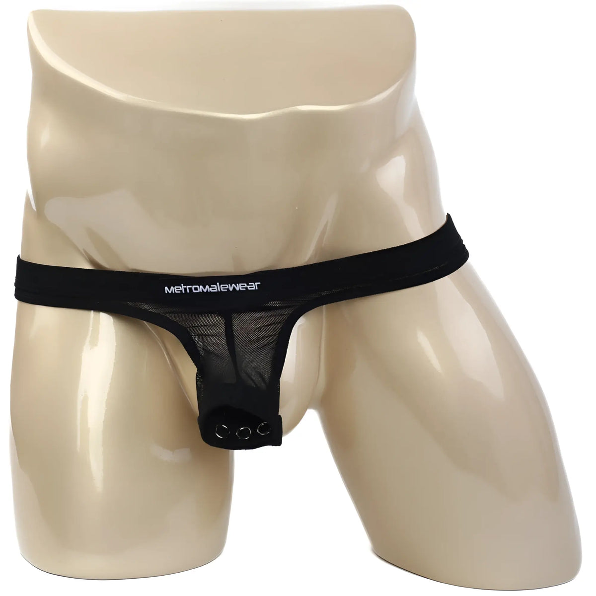 Black mesh thong with solid black waistband branded metromalewear in white from MetroMaleWear suspensory 0003-70
