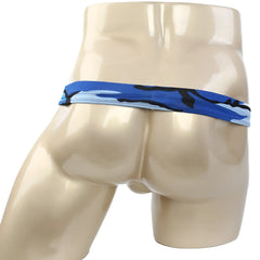 MetroMalewear suspensory camo blue briefs in blue and black camouflage pattern displayed on a mannequin front side
