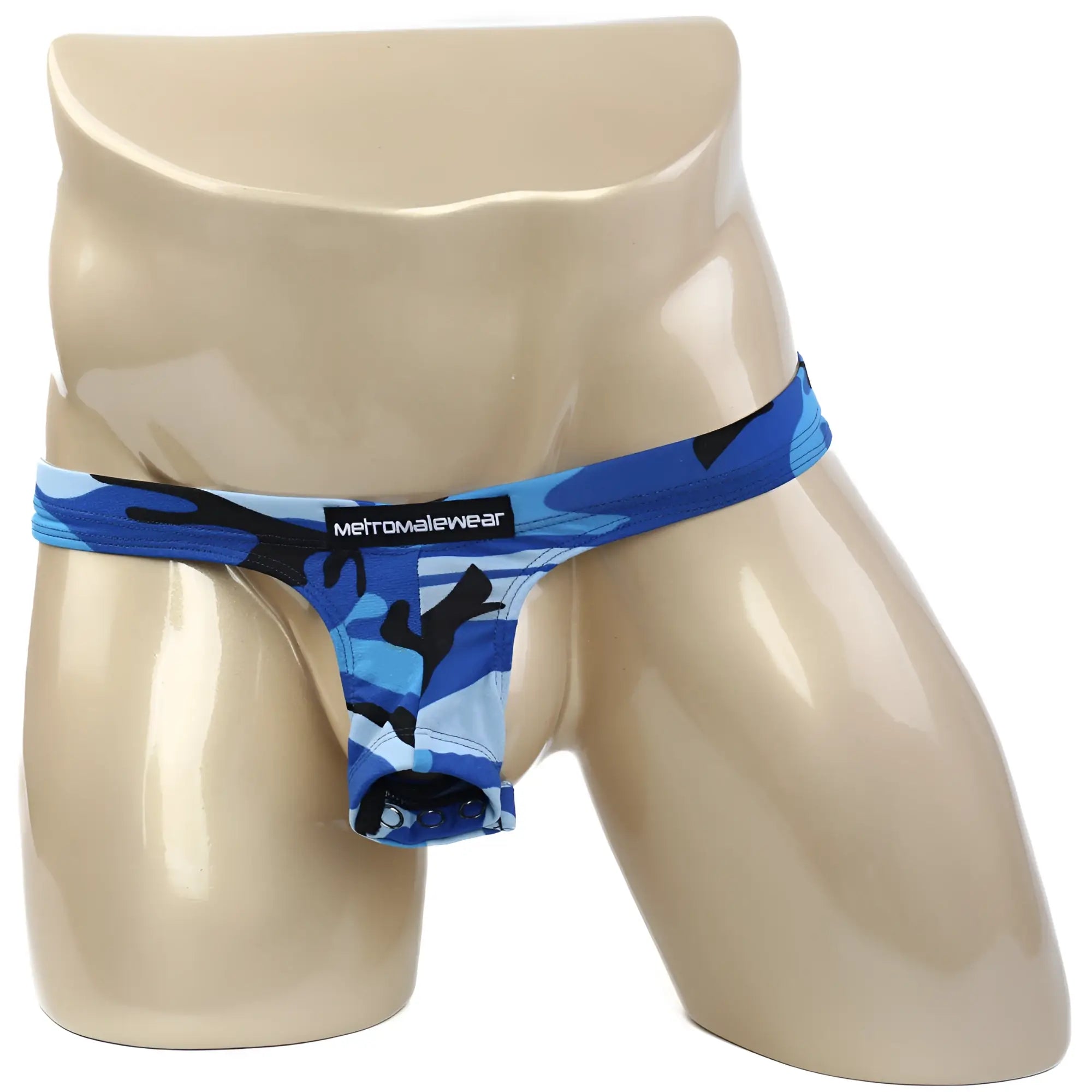 Blue and black camouflage men’s thong by MetroMaleWear featuring suspensory support in a sleek design