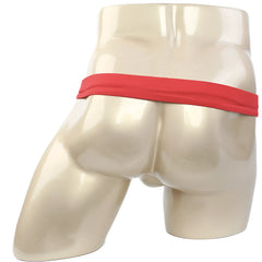 Red elastic waistband briefs by metromalewear suspensory in red displayed on a mannequin