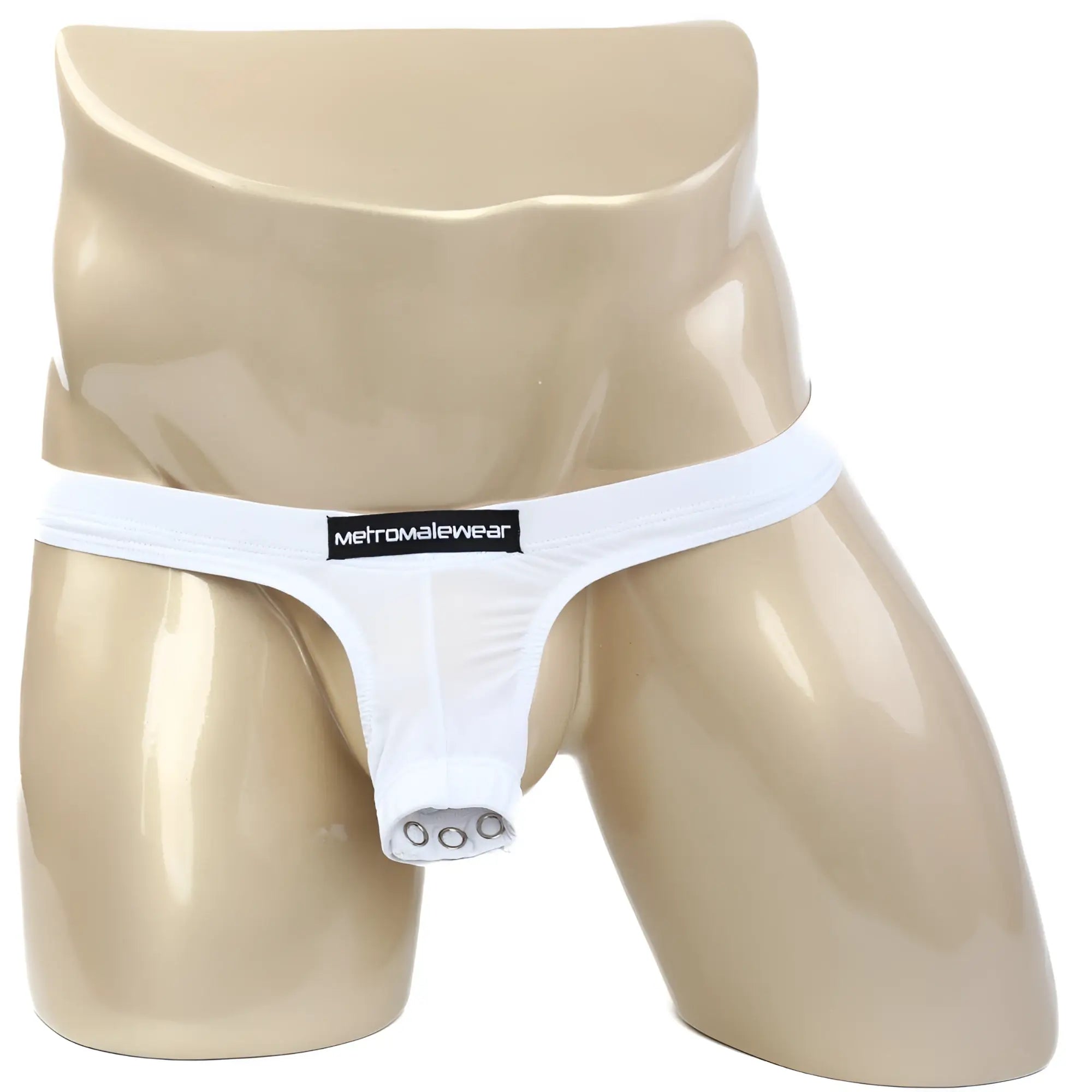 White metromalewear suspensory thong with black brand label and three silver grommets at leg opening front view