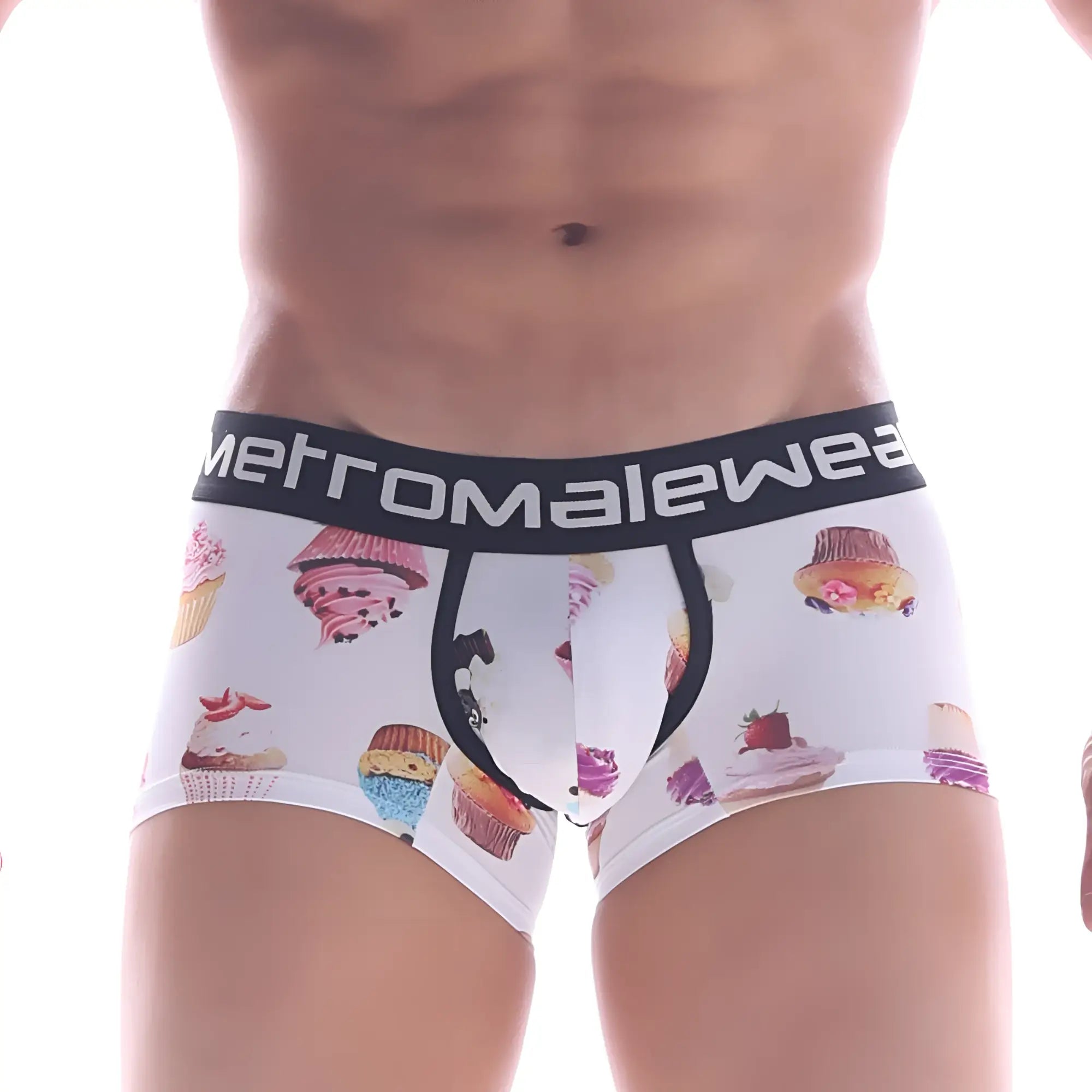 White men’s briefs with colorful cupcake print and black metromalewear branded waistband metro male wear sweet cake short boxer