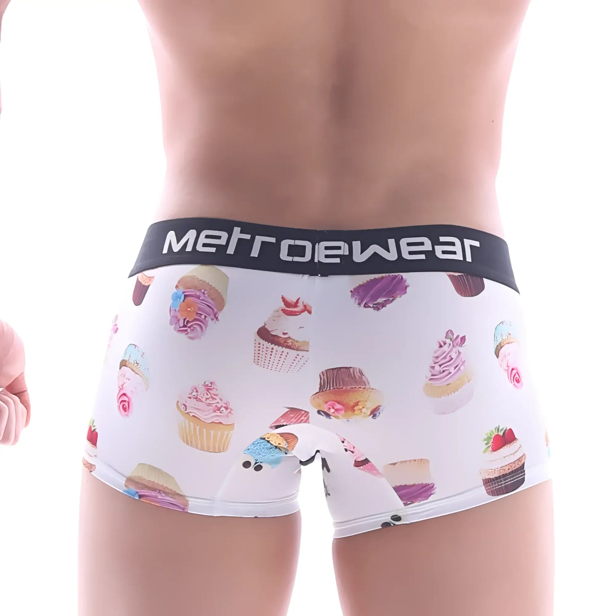 White men’s briefs with colorful cupcake pattern and metrowear branded black waistband metroMalewear sweet cake short boxer