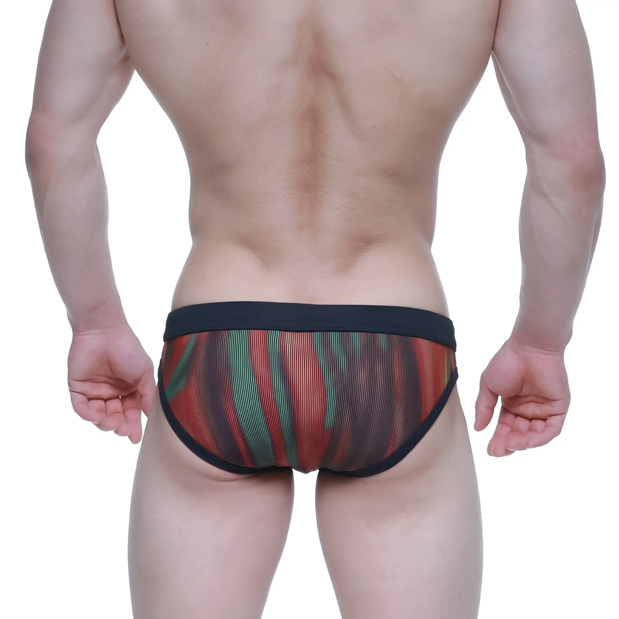 MetroMalenWear swim bikini fire 4920-70 red and green striped mesh briefs with black elastic waistband
