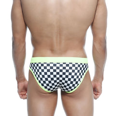 MetroMaleWear swim bikini mosaic 4920-41 black and white checkered swim trunks with neon lime green waistband