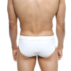White metroMalewear swim briefs with smooth form-fitting design suitable for swimming and beachwear