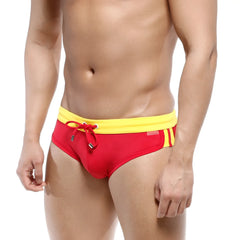 MetroMaleWear swim brief Espana 4923-41 red swim trunks with bright yellow waistband and side stripes with drawstring closure