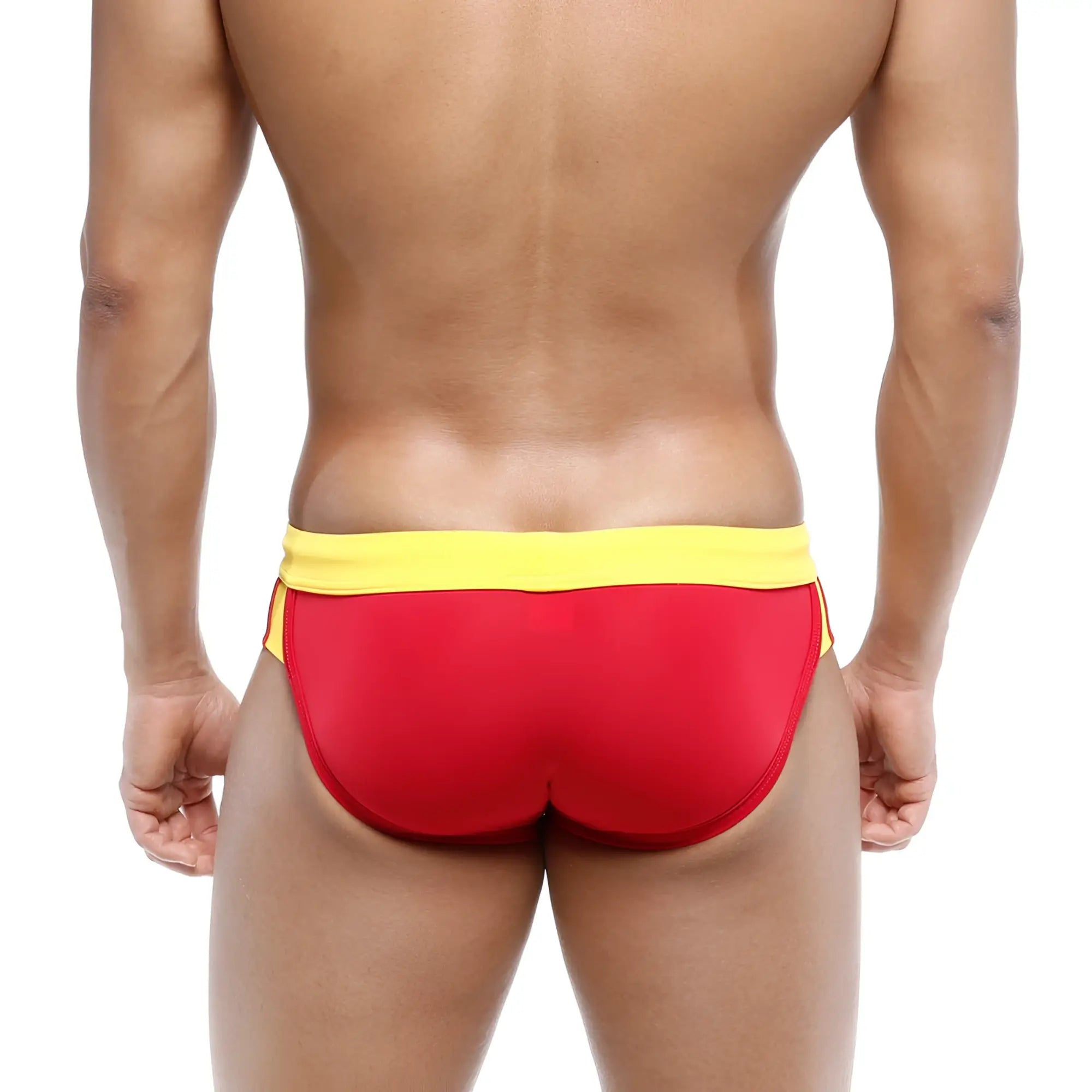 MetroMaleWear Swim Brief Espana 4923-41 red and yellow snug form-fitting swim trunks for men