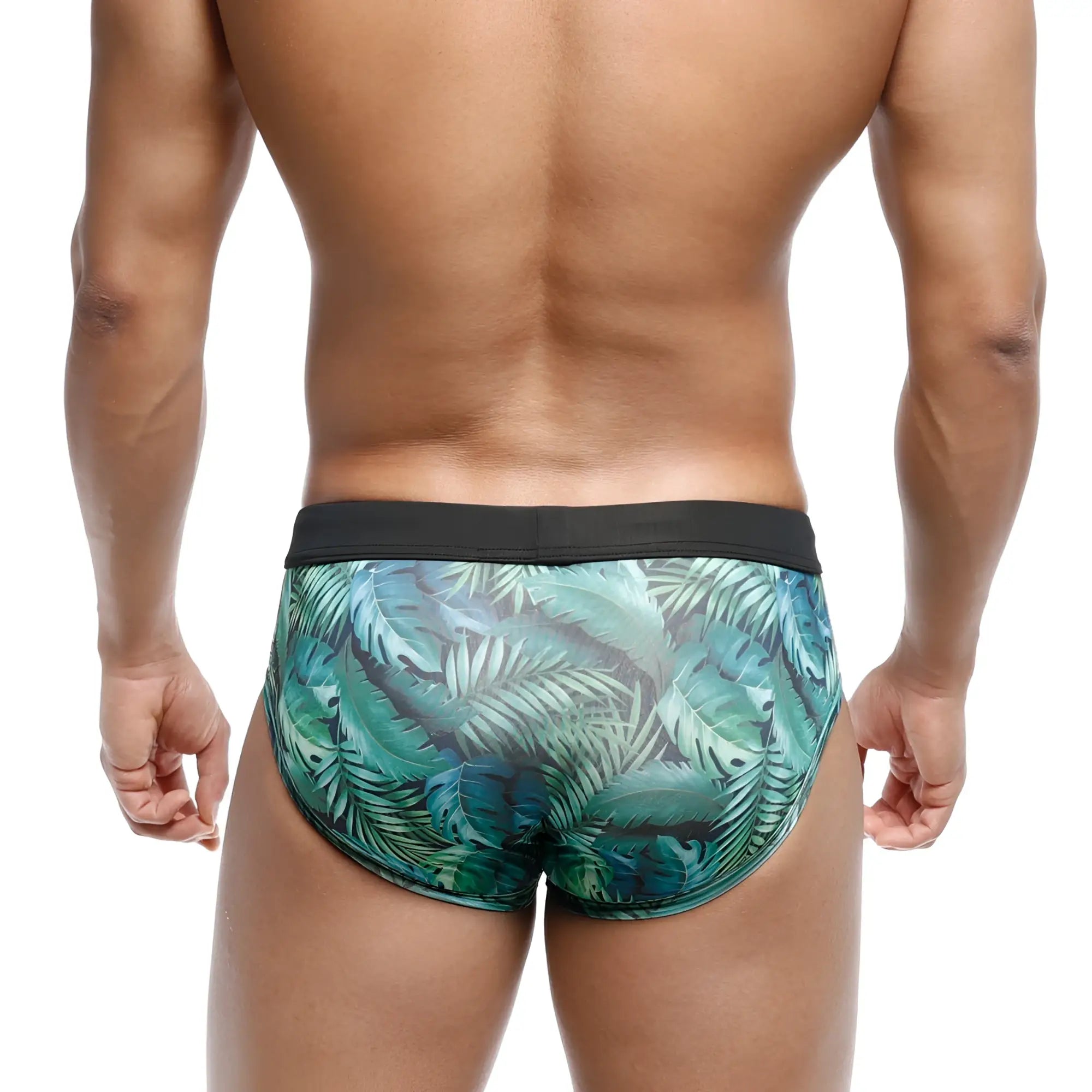 Mens tropical leaf-patterned briefs with black waistband metro male wear swim brief green jungle 4916-08 front view