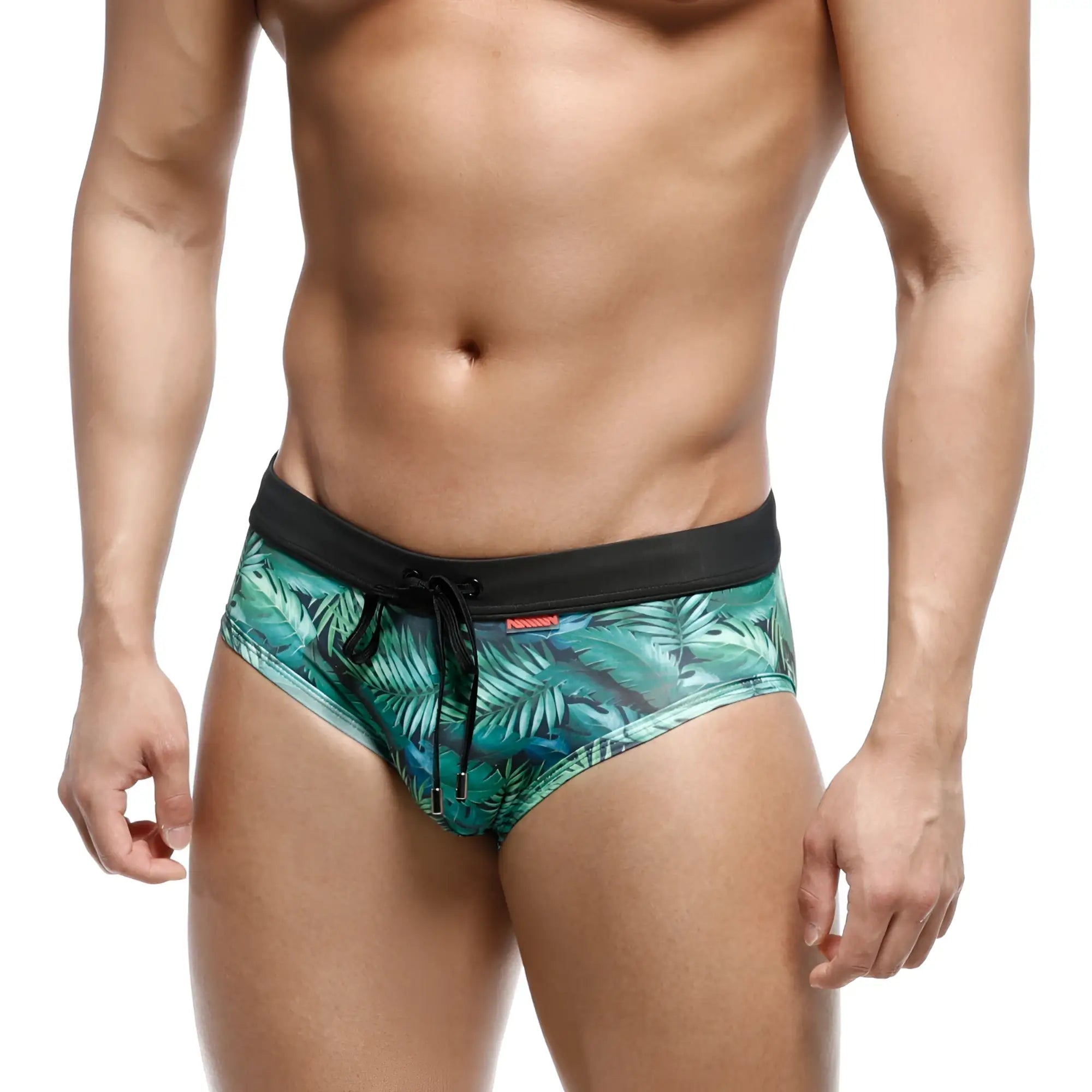 MetroMaleWear swim brief green jungle 4916-08 green tropical leaf patterned with black elastic waistband and drawstring