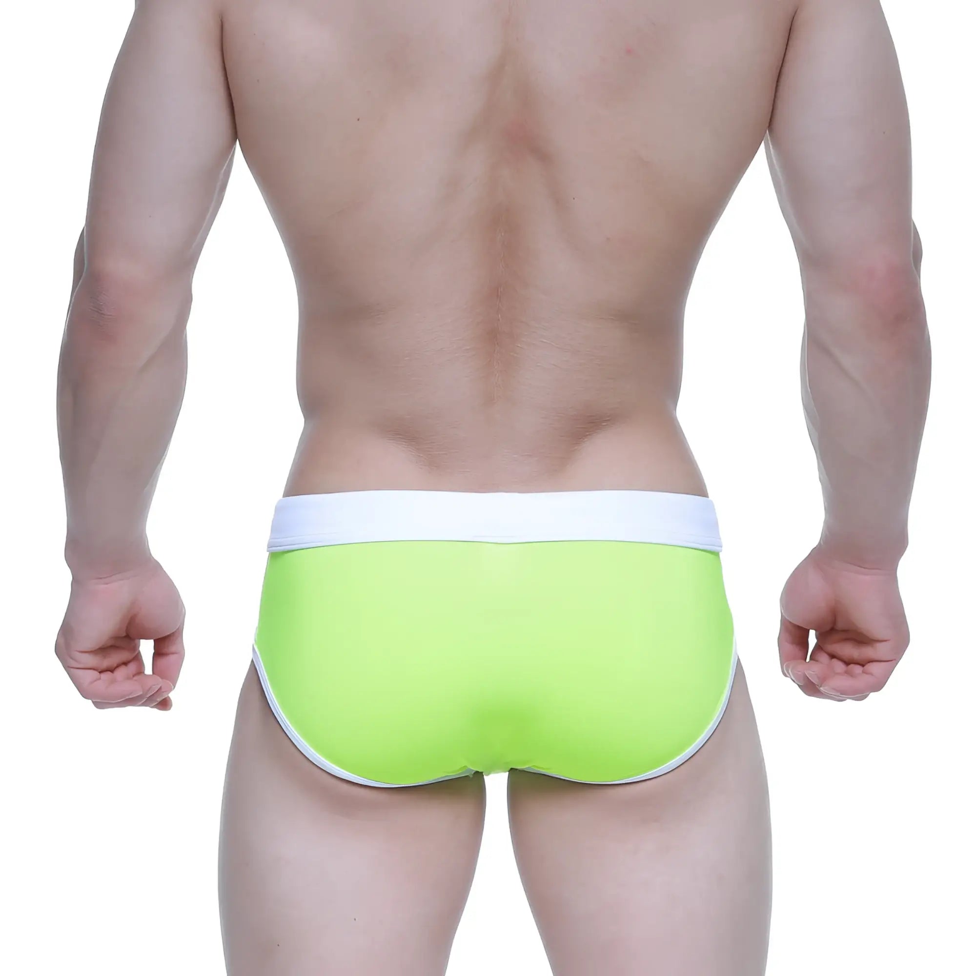 Bright lime green metro male wear swim briefs with white waistband and trim designed for comfortable swimming use