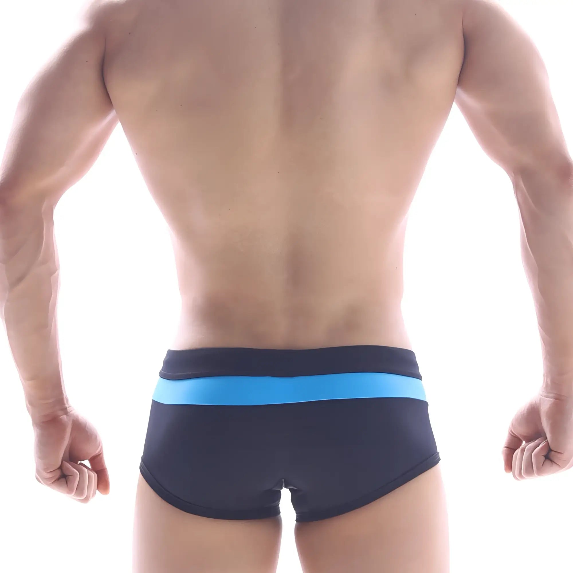 MetroMaleWear swim trunk sky 4913-45 black swim trunks with bright blue horizontal stripe on waistband