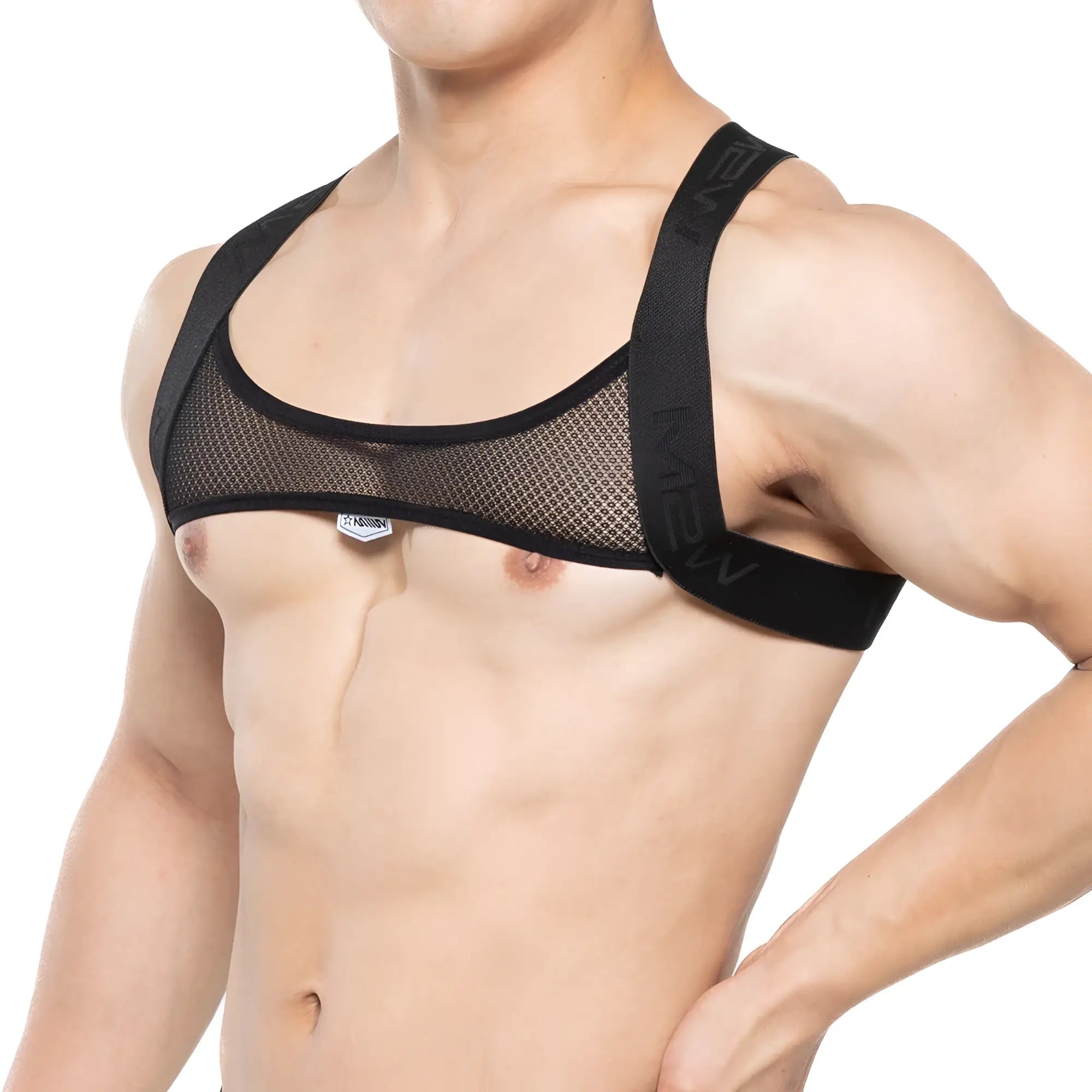 Black mesh sports bra with adjustable shoulder straps and branded tag from MetroMaleWear tank top harness 1500-20