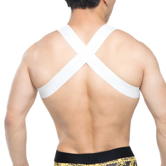 White cross-back support strap harness worn over the shoulders from MetroMaleWear tank top harness 1500-00 back view