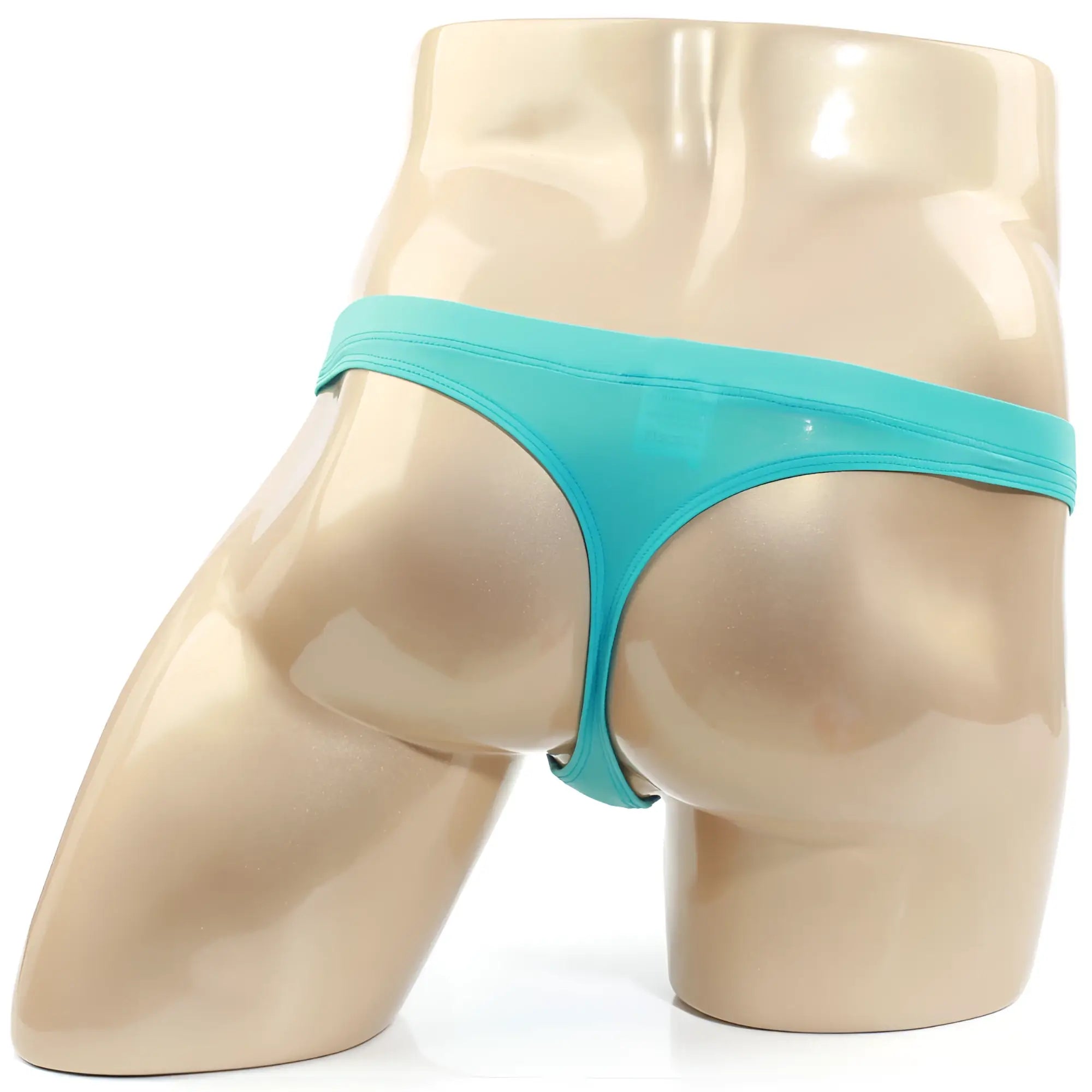 A sleek turquoise latex thong with a minimalist design from MetroMaleWear Tasman Thong Blue 5032-08