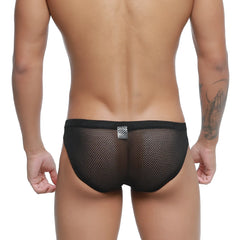 Black mesh metro malewear terra bikini briefs with subtle diamond-patterned silver patch on back waistband