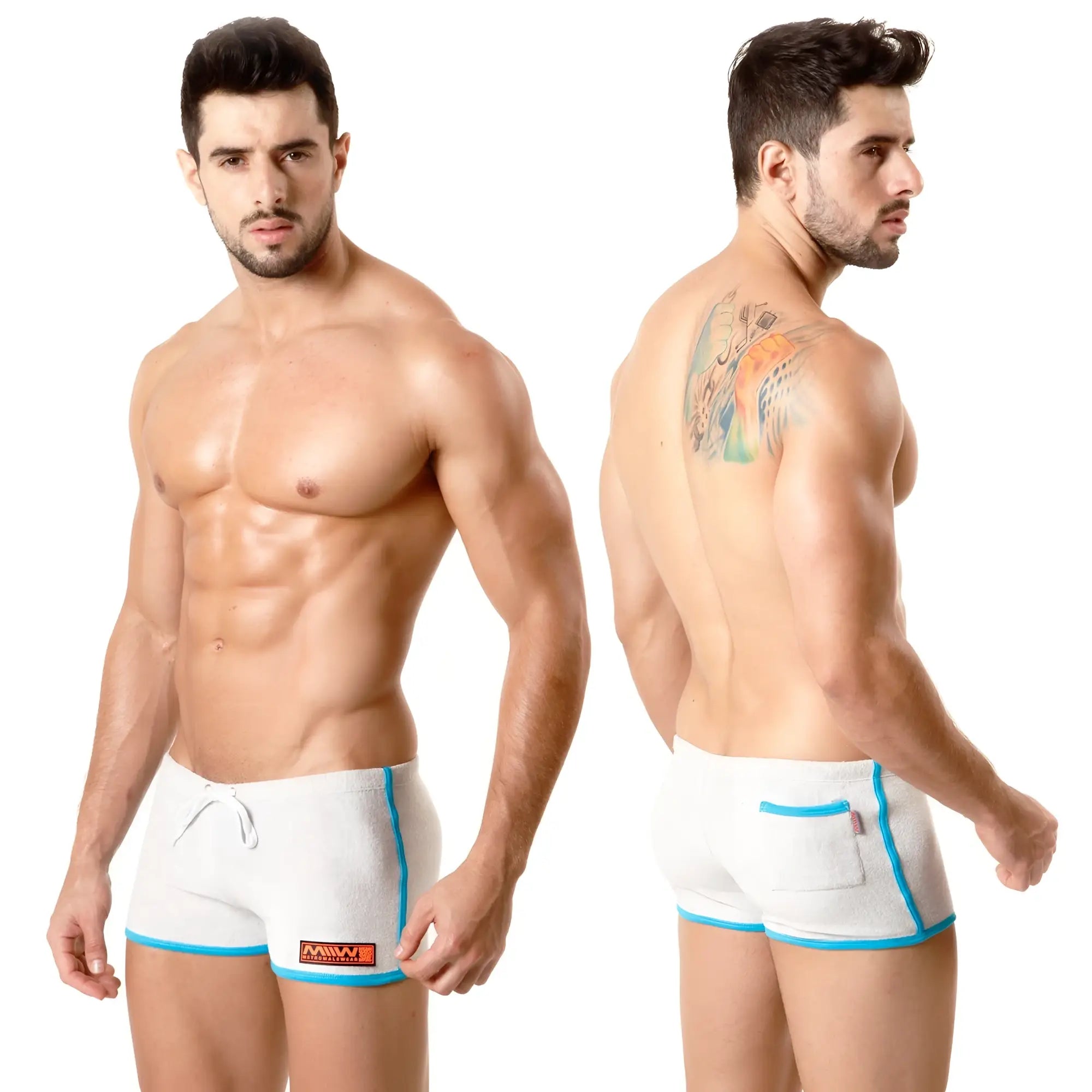 Metro malewear terry short grey 4702-10 white athletic shorts with bright blue trim and small orange logo on the side