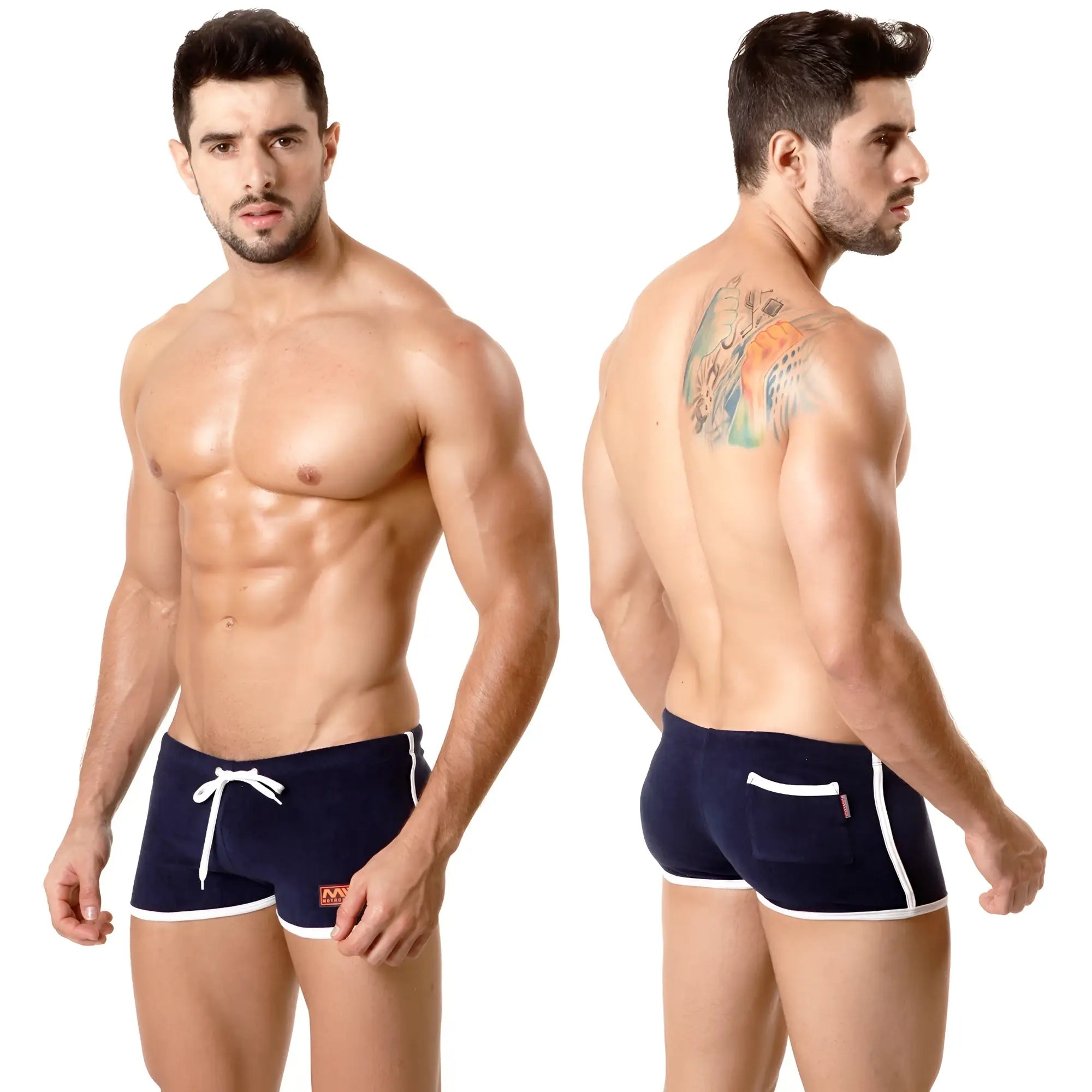 Navy blue terry swim trunks with white trim and front pocket from metromalewear perfect for casual beachwear