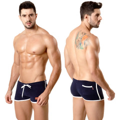 Navy blue terry swim trunks with white trim and front pocket from metromalewear perfect for casual beachwear