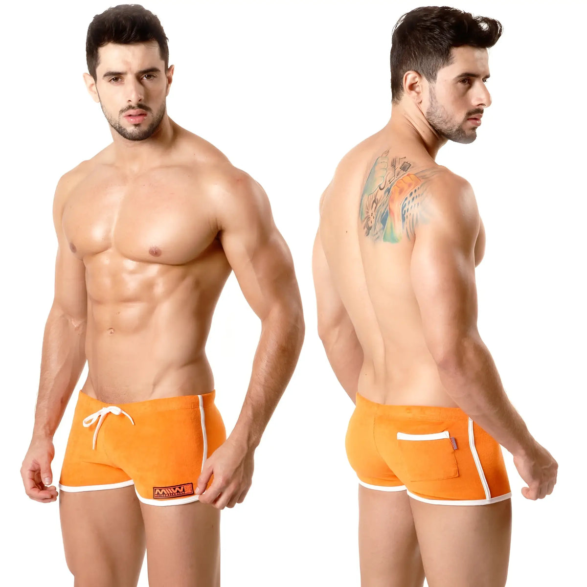 MetroMaleWear terry short orange athletic shorts with white trim and small logo on the side for activewear