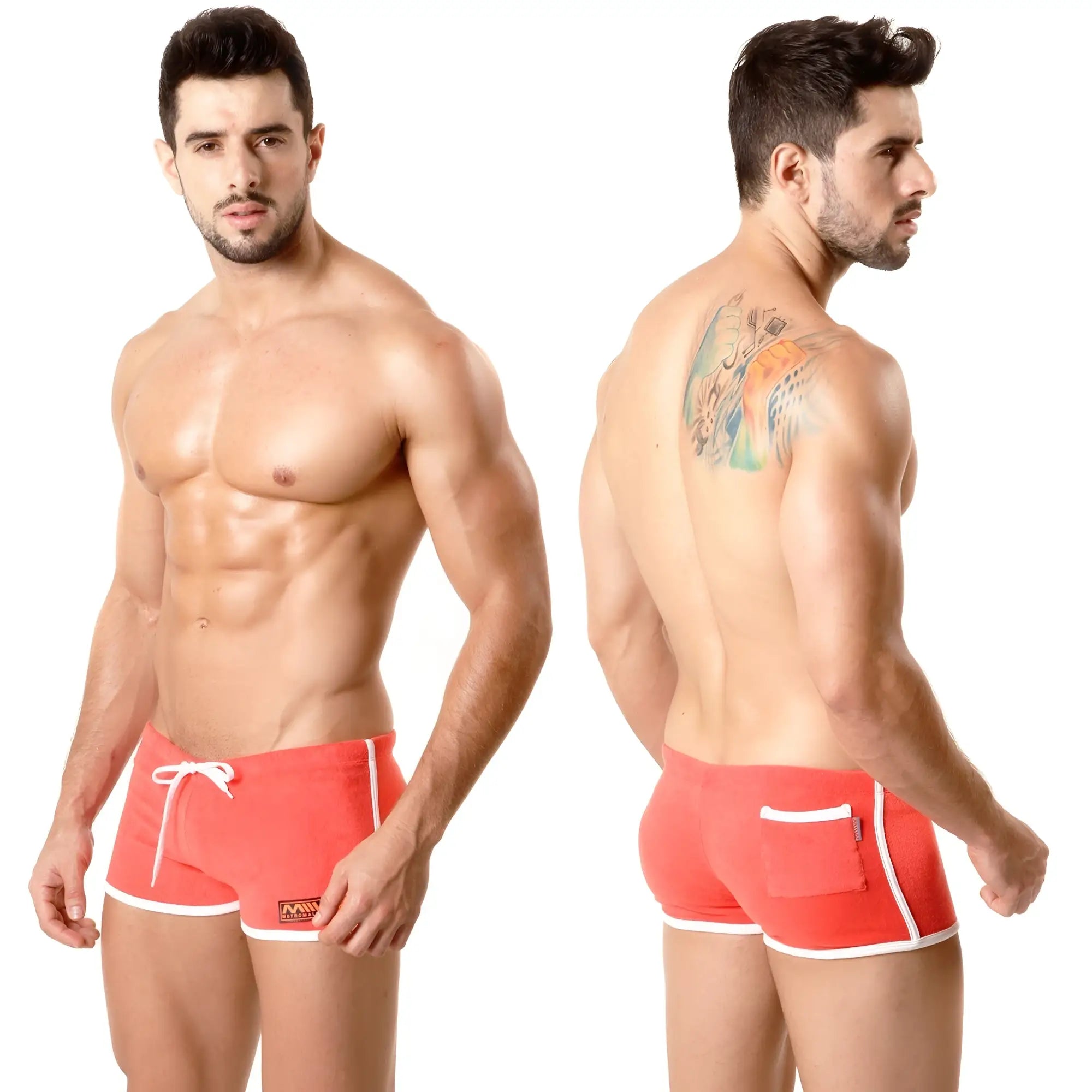 Red athletic terry swim trunks with white trim and side pocket from metromalewear model 4702-12