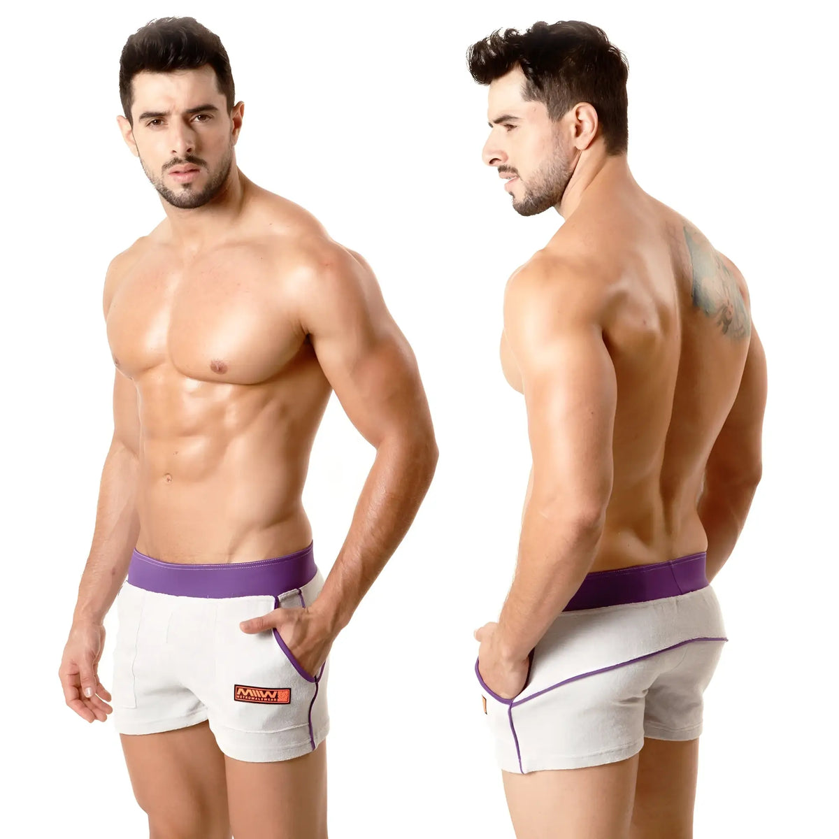 White terry sport shorts with purple waistband and trim and orange logo by metromalewear model 4701-10