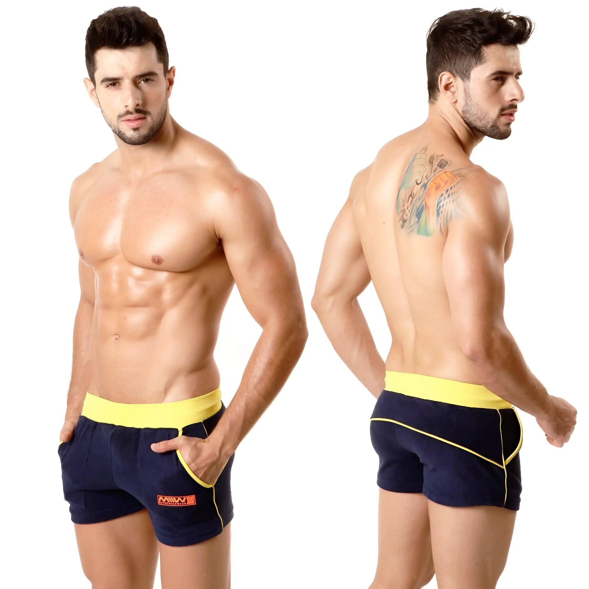 Metro malewear terry sport short navy yellow 4701-28 in navy blue and yellow with bold contrasting design