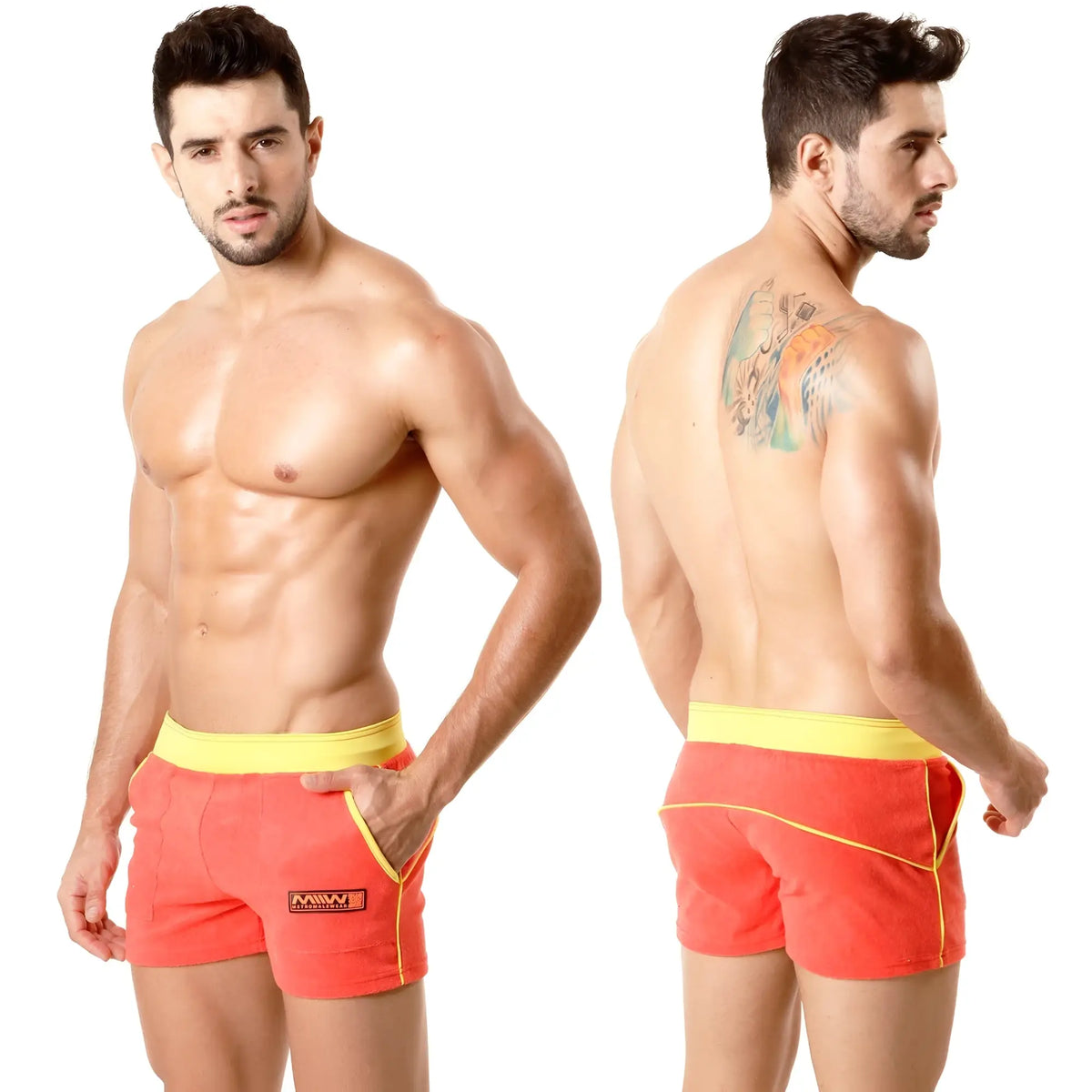 MetroMaleWear terry sport short orange 4701-14 vibrant coral swim trunks with yellow waistband and side trim
