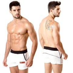 White athletic briefs metro malewear terry sport short with black waistband trim and orange logo on left leg
