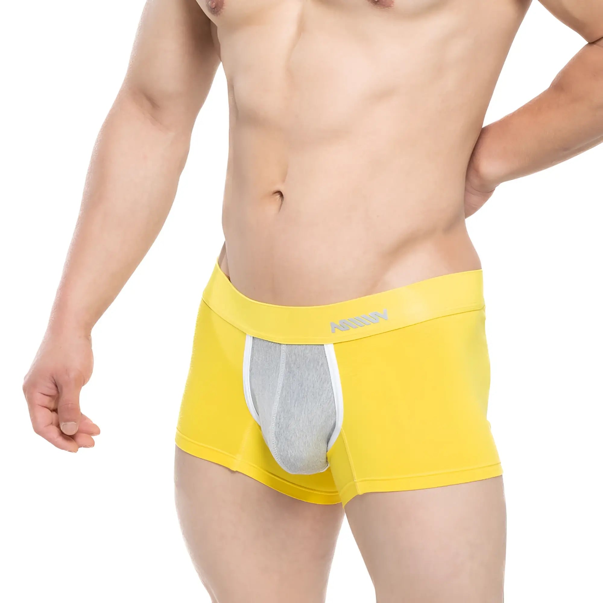 Bright yellow MetroMaleWear Tesoro short boxer briefs with gray mesh panel white trim and men’s logo waistband