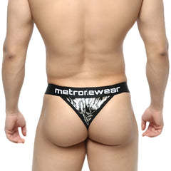 Black and silver zebra-print MetroMaleWear Tiger thong 2912-61 with branded waistband shown from the back side