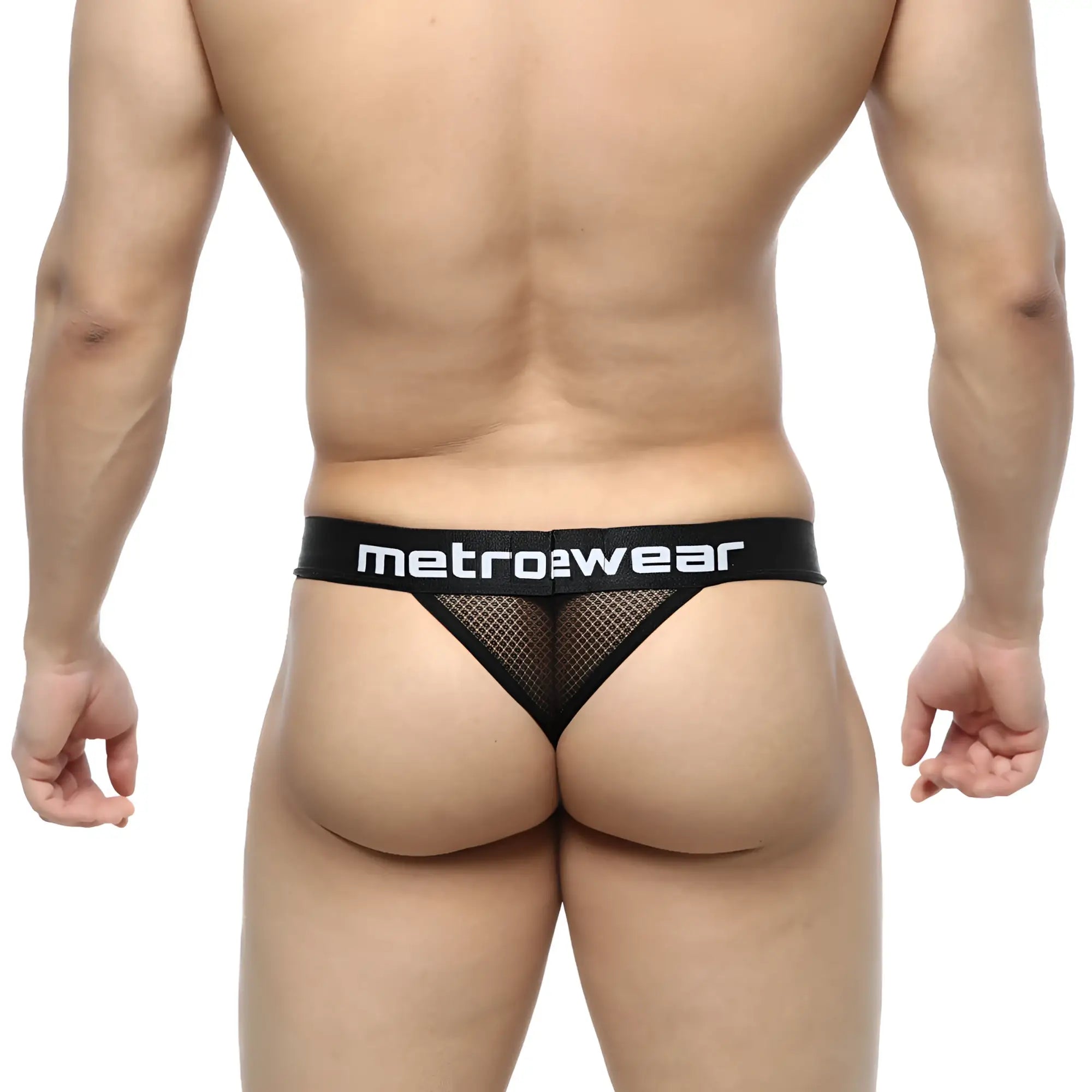 Black mesh thong with wide elastic metrowear logo waistband from metromalewear time thong tull 2902-30 product line