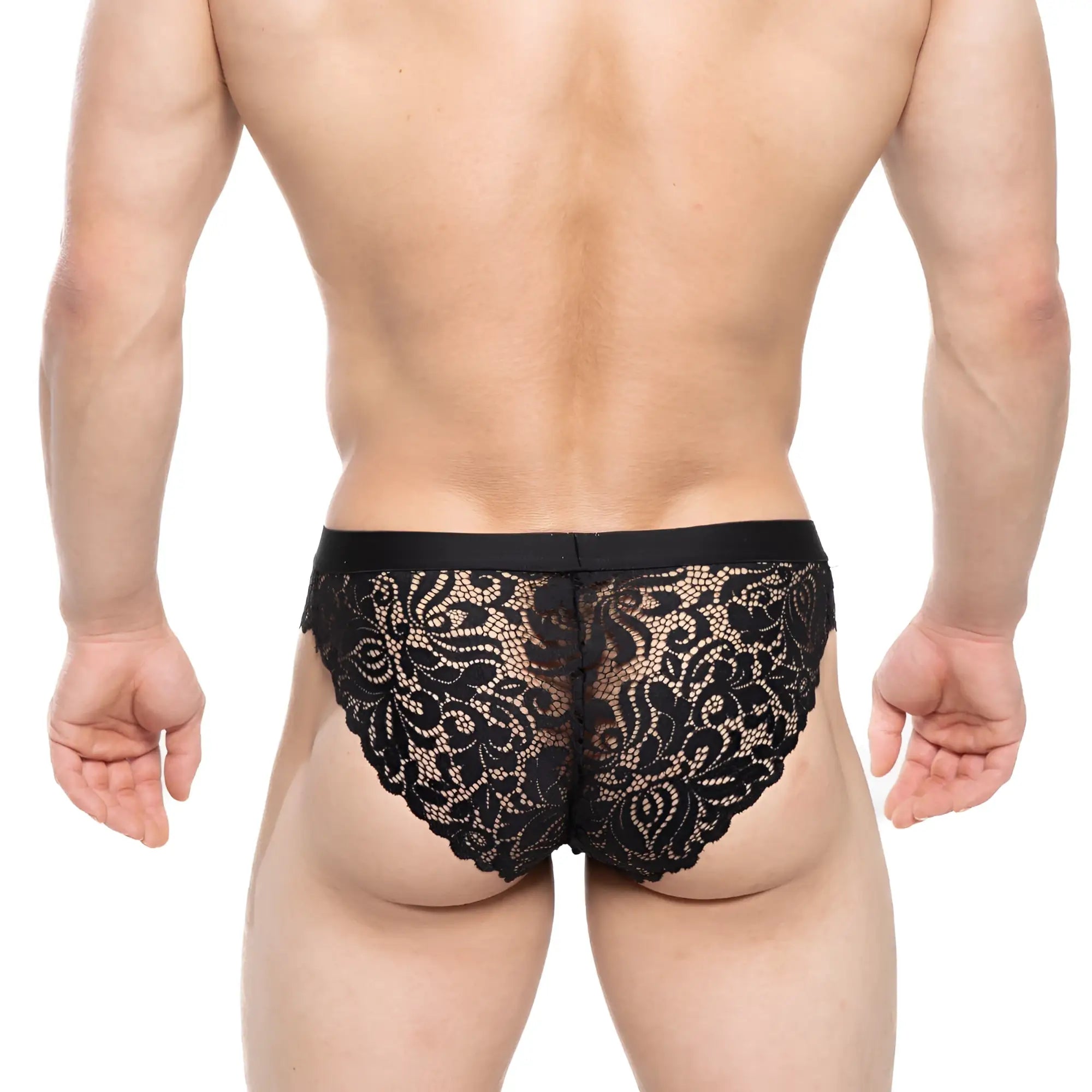 MetroMalewear todd brief black lace underwear with intricate floral patterns and solid black waistband front view