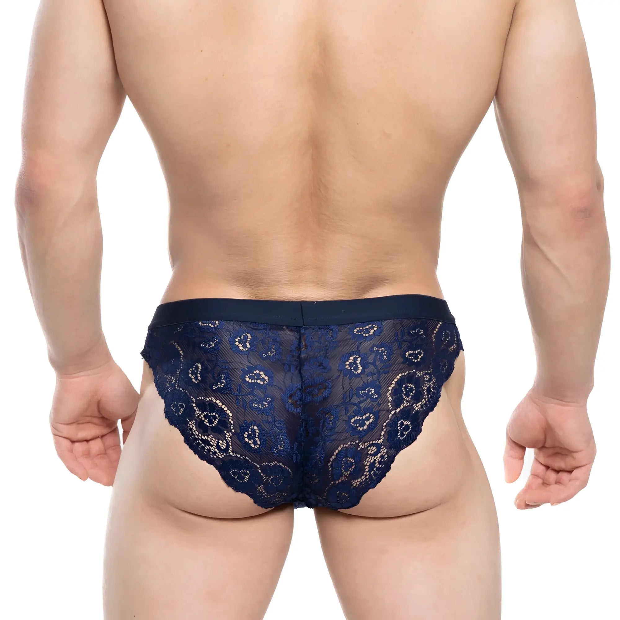 Navy blue lace briefs with intricate floral patterns and a solid waistband from MetroMaleWear Todd Brief dark blue 1403-28