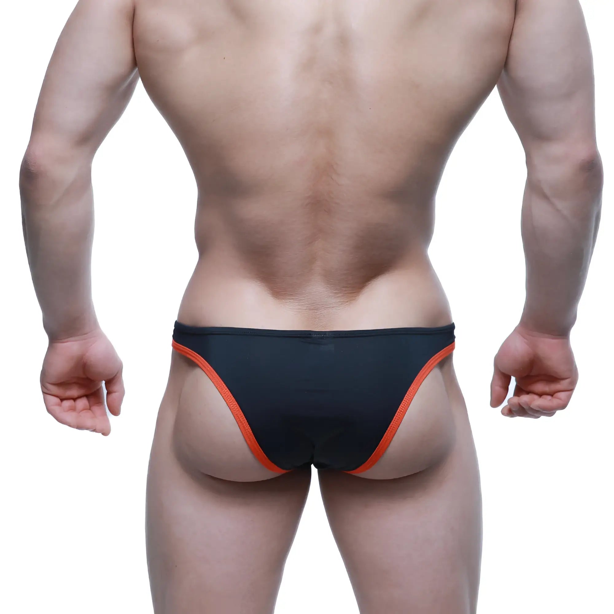Black swim trunks with vibrant orange trim on sides and waistband from MetroMaleWear TOP Bikini coral 6114-21