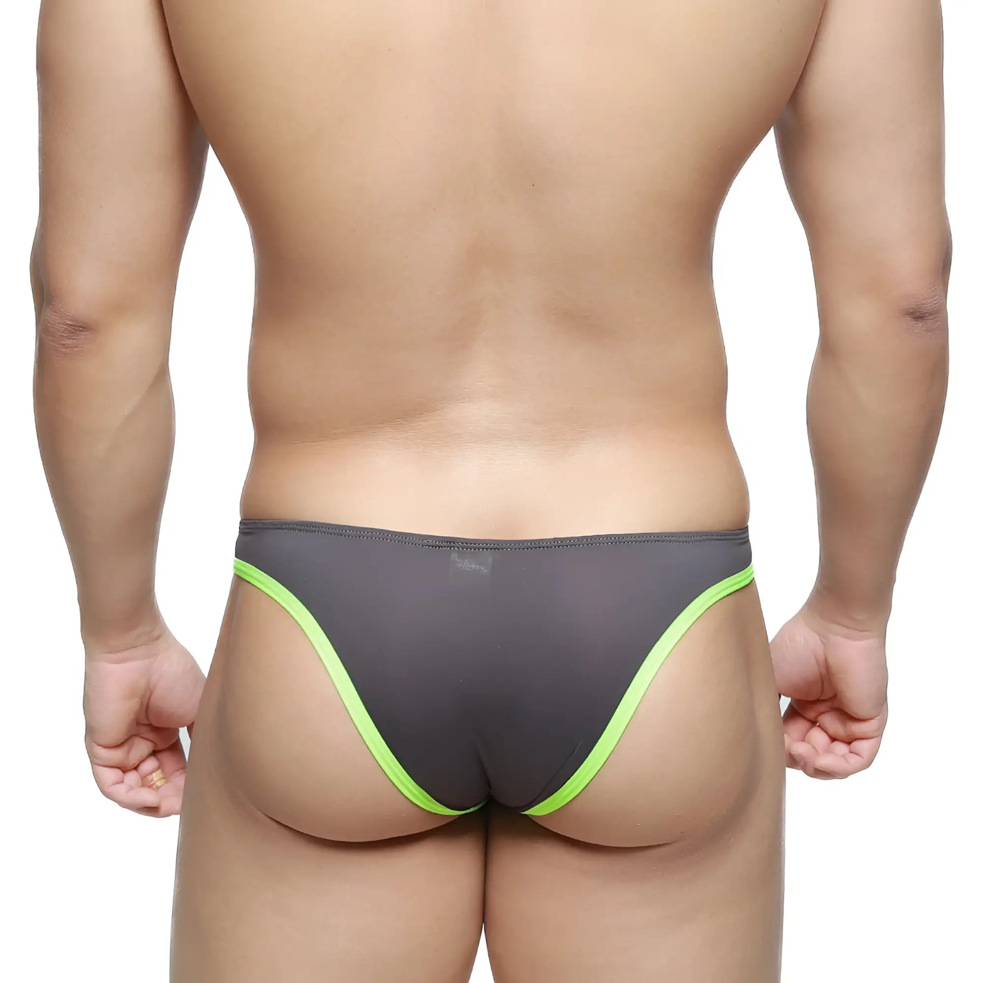 Gray mesh briefs with neon green trim metro malewear top bikini neon green 6114-07 front view