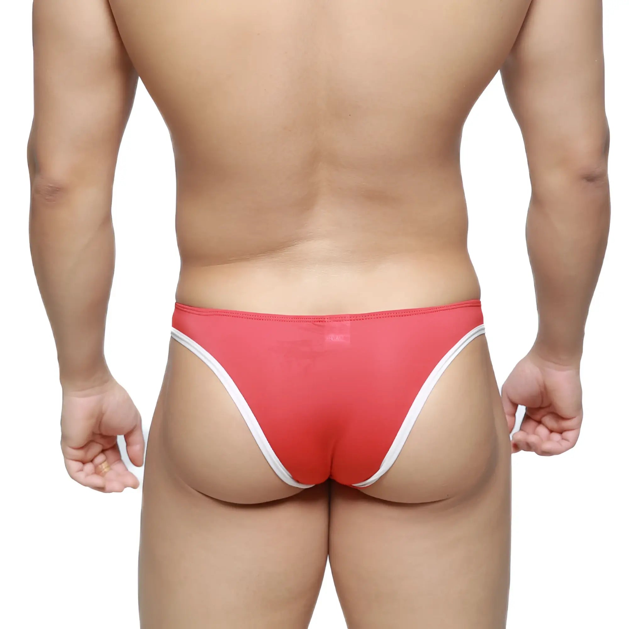 Metro malewear top bikini red 6114-12 red and white thong with sleek form-fitting design shown from the back side