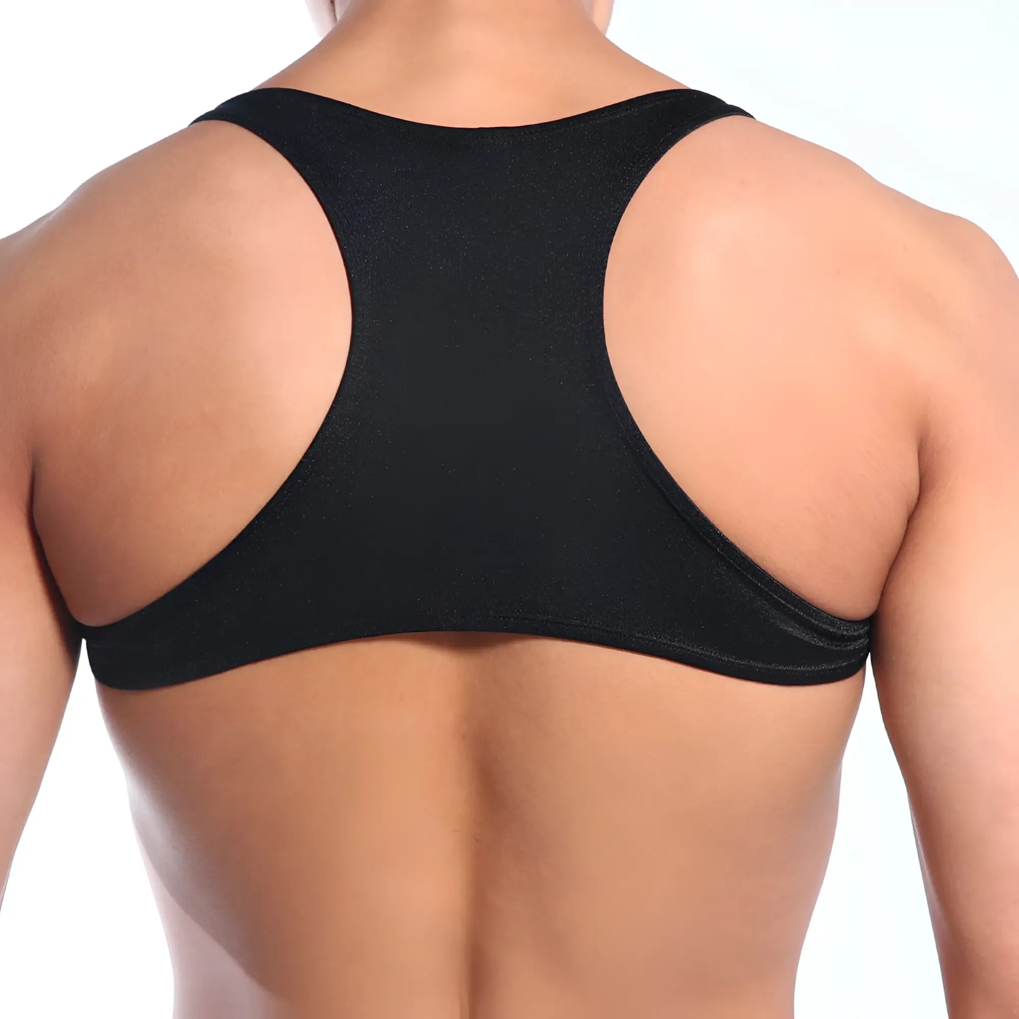 Black metro male wear top y back sports bra with sleek textured fabric and wide shoulder straps shown from the back