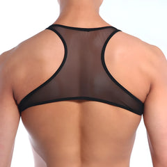 Black mesh backless top metro male wear with sleek form-fitting design in black mesh material