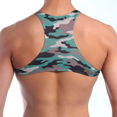 A teal gray and black camouflage racerback sports bra from MetroMaleWear top y green camo 3129-60 shown from the back