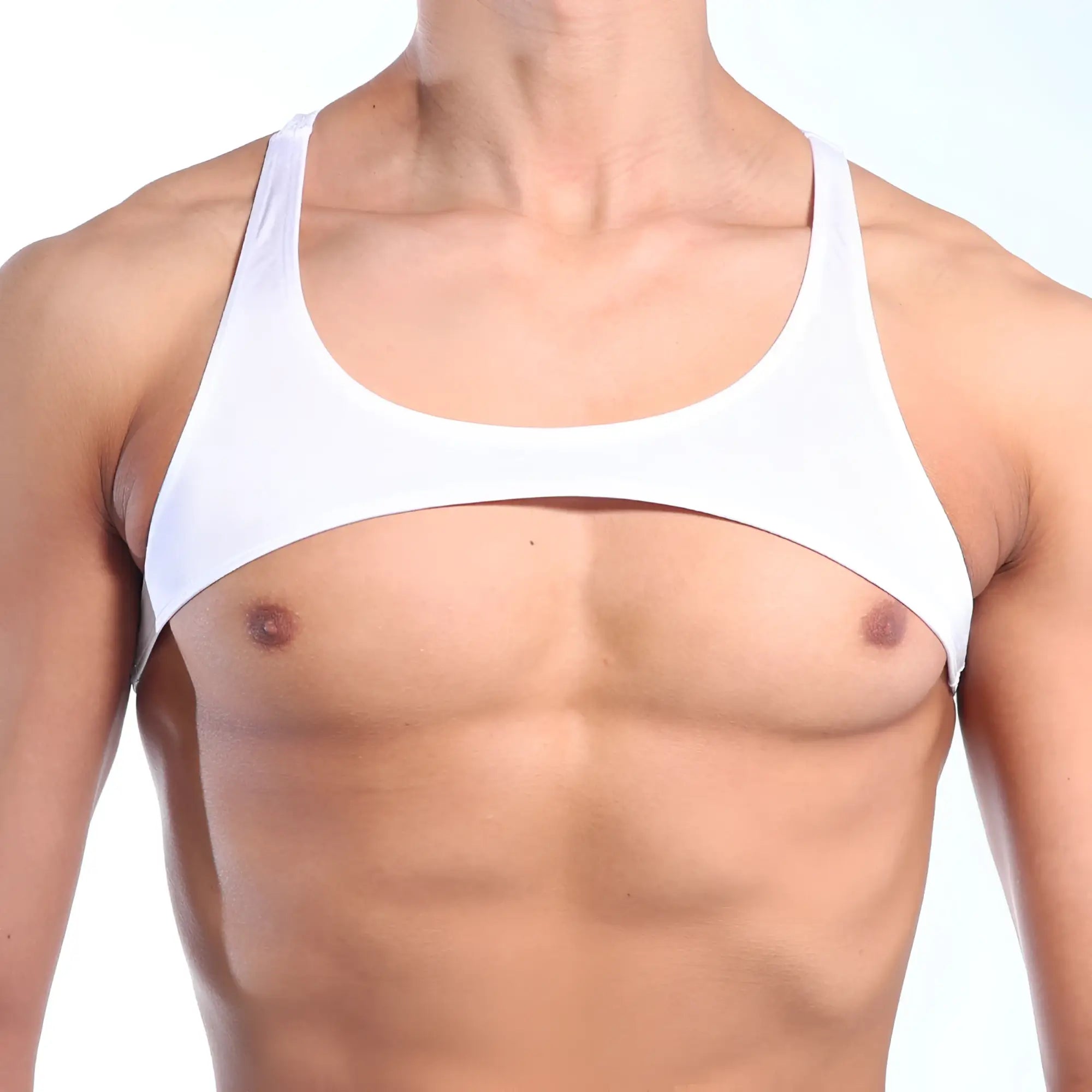 White form-fitting tank top with wide shoulder straps and scoop neckline from metromalewear top y white 3129-00