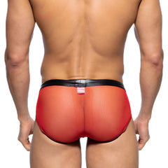 Red mesh briefs with black elastic waistband metro malewear toxine brief 5903-20 showing front side view