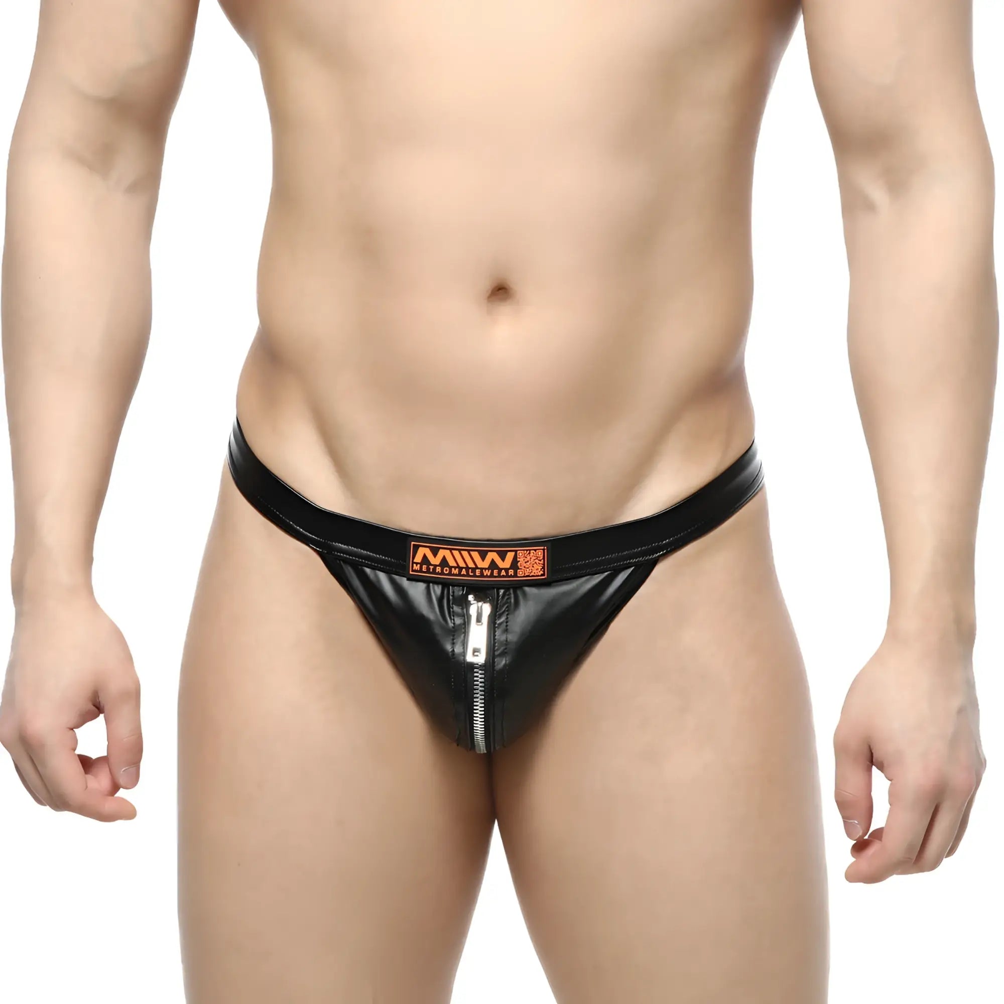 Black patent leather thong with central zipper and orange mw logo patch metro male wear toxine thong 5902-20